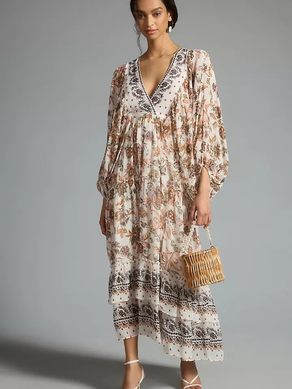Anthropologie Boho Floral V-Neck Maxi Dress in Cream with Earthy Floral Print